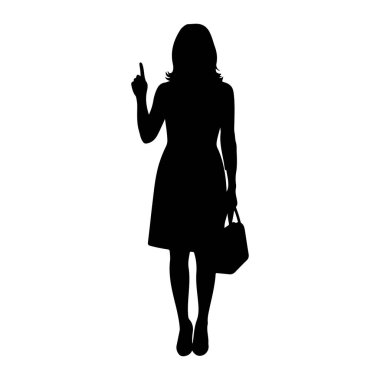 Beyaz arka planda duran siyah bir kadın silueti. O bir elbise ve ayakkabı giyiyor ve sol elinde bir el çantası tutuyor. Sağ kolu yukarıda, işaret parmağı yukarıda..