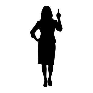 Siyah bir kadın silueti beyaz bir arkaplan karşısında öne bakıyor. O, bir ceket ve etek de dahil olmak üzere resmi giysiler giyiyor. Sol eli kalçasına yerleştirilmiş ve sağ işaret parmağı yukarı kaldırılmış. Bu da bir fikri işaret ediyor.