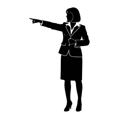 Beyaz arka planda, etek ve bluz da dahil olmak üzere takım elbiseli bir kadının siyah silueti tasvir ediliyor. O ayakta duruyor ve işaret parmağını sol tarafa doğru işaret ediyor, diğer eli göğsüne yakın duruyor. Siluet açıkça görülüyor.