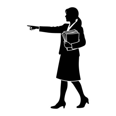 İş kıyafeti giymiş bir kadının siyah silueti resmedildi. Yürüyor ve sol işaret parmağını öne doğru gösteriyor, bir yön gösteriyor. Sağ elinde bir yığın evrak ya da belge var. Siluet beyaz arka planda..