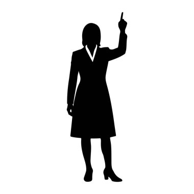 Siyah siluet bir kadın yüzü öne dönük vaziyette dikiliyor, resmi bir elbise giyiyor V yakalı ve topuklu ayakkabıları var. Sağ kolu kaldırılmış ve işaret parmağı yukarı doğru işaret ediyor. Arka plan bembeyaz..