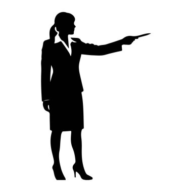 Profesyonel kıyafetli, takım elbiseli, etekli ve topuklu ayakkabılı bir kadının siyah silueti. Bir alet ya da işaretçi gibi görünen bir nesneyle ileri doğru duruyor. Arkaplan düz beyaz.