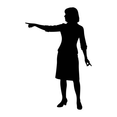 Profilde siyah bir kadın silueti solda duruyor. O, kolları kıvrılmış ve yüksek topuklu bir etek ve bluz giyiyor. Sol kolu öne doğru uzanıyor ve işaret parmağı işaret ediyor. Sağ kolu diziniyle dirseğinden bükülmüş.