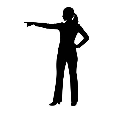 Profilde solda duran siyah bir kadın silueti. O, ceket ve pantolondan oluşan bir iş kıyafeti giyiyor. Sol kolu öne doğru uzanıyor ve işaret parmağıyla işaret ediyor. Sağ eli kalçasına yerleştirilmiş. Siluet... 