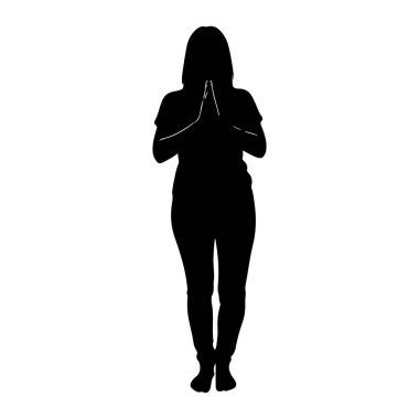 Siyah bir kadın silueti elleri göğsünün önünde birbirine bastırılmış, avuç içleri birbirine dokunmuş, bir dua veya meditasyon jesti ile ayakta duruyor. O bir tişört ve pantolon giyiyor. Arkaplan düz beyaz.