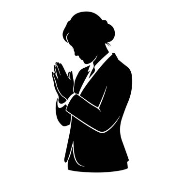 Siyah bir siluet, elleri göğsünün önünde birbirine kenetlenmiş takım elbise ve kravat takan bir kadın. Başı eğik, dua ettiğini veya derin düşüncelere daldığını gösteriyor. Arkaplan beyaz, şekli izole ediyor..