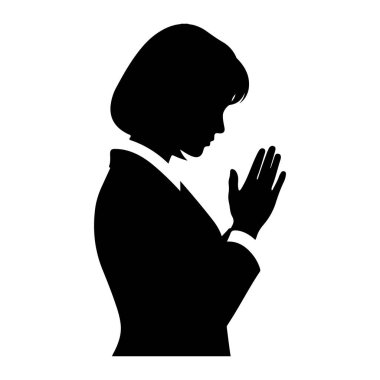 Siyah siluet bir kadın profili, bir takım elbise ceket ve yaka giyiyor, elleri göğsünün önünde birbirine kenetlenmiş bir şekilde dua ediyor. Başı eğik ve gözleri kapalı. Arkaplan beyaz.