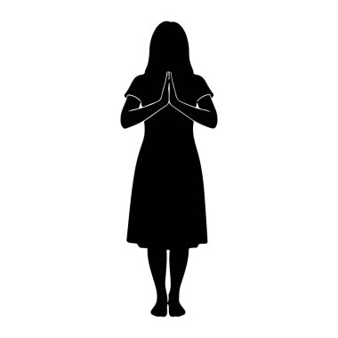 Siyah bir kadın silueti ellerini birbirine bastırarak dua eder. O kısa kollu bir elbise giyiyor ve onun saçı uzun. Şekil beyaz bir arkaplanda izole edilmiştir..