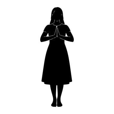 Siyah bir kadın silueti, elleri göğsünün önünde birbirine bastırılmış, avuçlar birbirine değmiş, dua ya da selamlama jesti olarak öne bakıyor. Kısa kollu bir elbise giyiyor ve kenarları parlıyor. Siluet izole edilmiş.