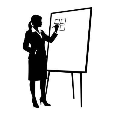 Takım elbiseli ve topuklu ayakkabılı bir kadının siyah silueti bir sehpanın üzerinde beyaz bir tahtanın yanında duruyor. Elinde bir işaret var ve beyaz tahtadaki kareleri çiziyor ya da işaretliyor gibi görünüyor. Arkaplan düz beyaz.