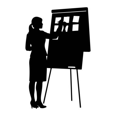 Üç ayaklı sehpada beyaz tahtaya bakan siyah bir kadın silueti. Elinde bir işaret var ve tahtanın kare kısımlarına çiziyor ya da yazıyor gibi görünüyor. Kadın yüksek topuklu ayakkabı ve etek giyiyor. Görüntü basit, grafik 