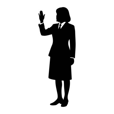 Ayakta duran ve sağ elini kaldıran bir kadının siyah silüeti. O, etek, ceket, bluz ve kravat ile resmi bir takım elbise giyiyor. Onun saçı kısa bir saç kesimiyle şekillenmiş. Resim beyaz bir arkaplanda izole edilmiştir.