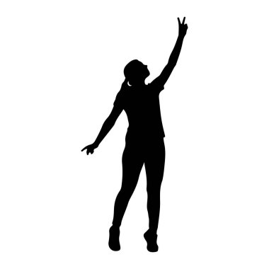 Beyaz arka planda duran siyah bir kadın silueti. O bir tişört ve pantolon giyiyor, saçları at kuyruğu içinde. Sağ kolu yukarıda, işaret ve orta parmakları V şeklinde uzatılmış, bu zafer ya da barışı simgeliyor. O