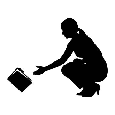 Bir kadının siyah silueti kolları açık bir şekilde çömelmiş, bir doküman ya da klasöre uzanıyor. Kadın yüksek topuklu giyiyor. Arkaplan beyaz, şekli ve nesneyi izole ediyor.