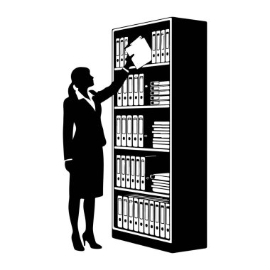 İş kıyafeti giymiş bir kadının siyah silueti uzun, siyah dosya dolabının yanında duruyor. Beyaz klasörler ve istiflenmiş belgelerle dolu. Dolabın üst rafından beyaz bir belge almak için sağ eliyle uzanıyor. Şey...