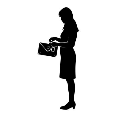 Elinde bir zarf tutan siyah bir kadın silueti sola dönük duruyor. Zarfı kapatma sürecinde, parmakları kapağın yanında ve önünde bir damga var. Kadın elbise ve topuklu ayakkabı giyiyor. Görüntü...