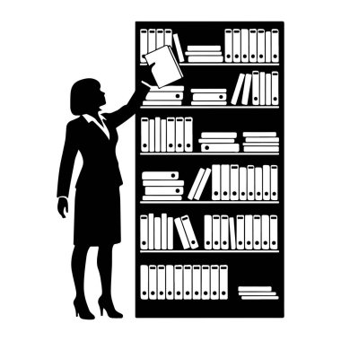 Takım elbiseli bir kadının siyah silueti beyaz klasörler ve belgelerle dolu uzun siyah bir kitaplığın solunda duruyor. Üst raftan bir belge seçmek için sağ eliyle uzanıyor. Kitaplık mul ile düzenlenmiştir.