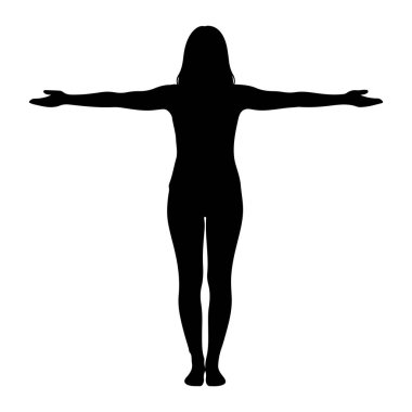 Siyah bir siluet, kollarını iki yana açmış duran bir kadın. Şekil tepeden tırnağa düz beyaz bir arkaplanda gösteriliyor.