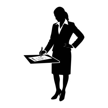 Takım elbiseli bir kadının siyah bir silueti elinde bir kalemle masada duruyor ve 