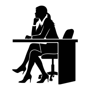 Profil görünümlü bir masada oturan siyah bir kadın silueti. O, bir ceket, bir etek ve yüksek topuklu ayakkabı da dahil olmak üzere resmi giysiler giyiyor. Bacak bacak üstüne atmış ve eli çenesinde dinleniyor. Düşündüğünü gösteriyor. Masa ve ofis.