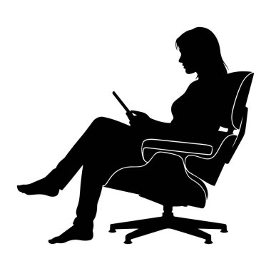 Modern bir sandalyede elinde tablet bir aletle oturan siyah bir kadın silueti. Bacak bacak üstüne atmış ve ekrana odaklanmış gibi görünüyor. Arkaplan beyaz.