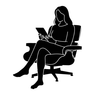 Sandalyede oturan, elinde tablet bir cihaz tutan siyah bir kadın silueti. Kadın bacak bacak üstüne atmış ve çıplak ayaklarıyla yerde dinlenirken resmedilmiş. Sandalye, tabanı ve kollukları olan modern ofis tarzı bir sandalye. Görüntü...