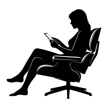 Modern bir sandalyede oturan, elinde tablet bir cihaz tutan siyah bir kadın silueti. Bacakları çapraz ve ayakları çıplak. Görüntü beyaz arkaplan ile temiz, grafik bir illüstrasyondur.