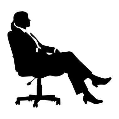 Ofis sandalyesinde oturan siyah bir kadın silueti. Bluz ve kravatlı bir takım elbise giyiyor ve bacak bacak bacak üstüne atıyor. Saçları at kuyruğu şeklinde geri çekiliyor. Sandalyenin tekerlekleri olan beş yıldızlı bir tabanı var. Görüntü beyaz bir sırt üzerinde izole edilmiştir.