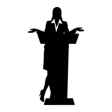 Siyah bir kadın silueti podyumun arkasında duruyor, elleriyle işaret ediyor. O, yakalı bir bluz ve yüksek topuklu ayakkabı üzerine bir takım elbise giyiyor. Resim beyaz bir arkaplanda izole edilmiştir.