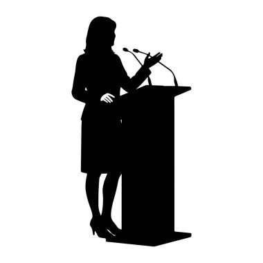 Siyah bir kadın silueti podyumun arkasında duruyor ve iki mikrofona konuşuyor. O bir takım elbise ve yüksek topuklu ayakkabı giyiyor. Arka plan beyaz, deneği izole ediyor..
