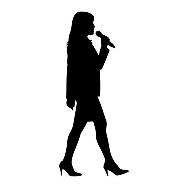Ağzına mikrofon tutarak yürüyen bir kadının siyah silueti. O bir ceket, etek ve yüksek topuklu ayakkabı giyiyor. Arkaplan beyaz.