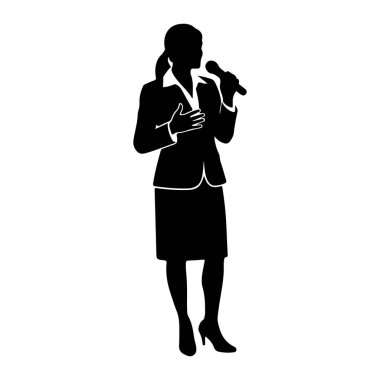 Ayakta duran ve mikrofona konuşan siyah bir kadın silueti. O, etekli ve yüksek topuklu bir takım elbise giyiyor. Sol eli göğsünün üzerine yerleştirilmiş. Arkaplan beyaz.