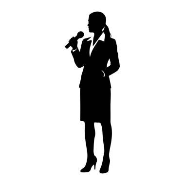 Elinde mikrofon tutan takım elbiseli bir kadının siyah silueti. O bir ceket, etek ve yüksek topuklu ayakkabı giyiyor. Eli cebinde duruyor. Arkaplan beyaz.