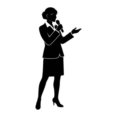 Ayakta duran ve mikrofona konuşan siyah bir kadın silueti. O bir ceket, etek ve yüksek topuklu bir takım elbise giyiyor. Sol kolu avuç içi açıkken uzatılmış. Resim beyaz bir arkaplanda izole edilmiştir.