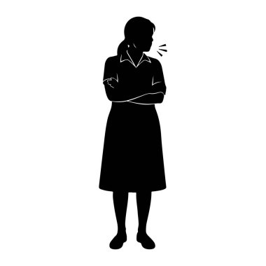 Siyah bir kadın silueti kollarını kavuşturmuş duruyor. O, yakalı bir gömlek ve diz boyu bir etek giyiyor. Kafası yana dönmüş ve ağzından çıkan küçük çizgiler onun konuştuğunu ya da sesini çıkardığını gösteriyor. Onun kalbi.