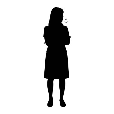 Siyah bir kadın silueti kollarını kavuşturmuş duruyor. Sağa bakıyor ve ağzından küçük çizgiler çıkıyor. Bu da ya konuştuğunu ya da ses çıkardığını gösteriyor. Siluet beyaz bir arkaplanda izole edilmiş..