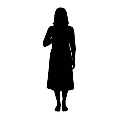 Beyaz arka planda duran siyah bir kadın silueti. O, orta uzun kollu uzun bir elbise giyiyor ve onun saçı görünür. Ayakları birleşti ve önüne bakıyor..