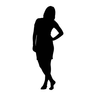 Sol eli kalçasında duran siyah bir kadın silueti. Kısa bir elbise giyiyor ve bacakları ayak bileklerinden çapraz. Arkaplan beyaz.