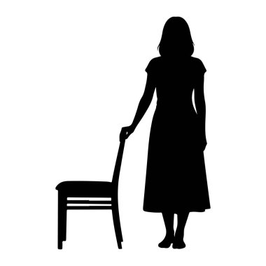 Sandalyenin yanında duran siyah bir kadın silueti. Kadın uzun bir elbise giyiyor ve eli sandalyenin arkasında dinleniyor. Arkaplan beyaz.