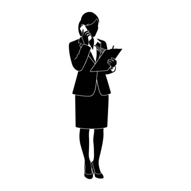Takım elbiseli ve etekli siyah bir kadın silueti elinde bir not panosuyla telefonda konuşuyor. O yüksek topuklu giyiyor. Resim, beyaz arkaplanda basit bir grafik çizimi..