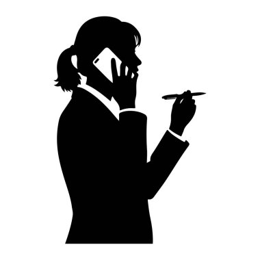 Profilde bir kadının siyah silueti beyaz bir arkaplanda gösteriliyor. O bir takım elbise giyiyor ve saçını at kuyruğu ile geri çekiyor. Kadın kulağına bir akıllı telefon tutuyordu. Sol eli ve sağ elinde bir kalem vardı. 