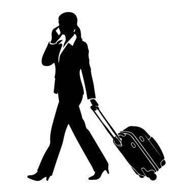 Cep telefonuyla konuşan ve tekerlekli bavul çeken takım elbiseli bir kadının siyah silueti. Arkaplan beyaz.