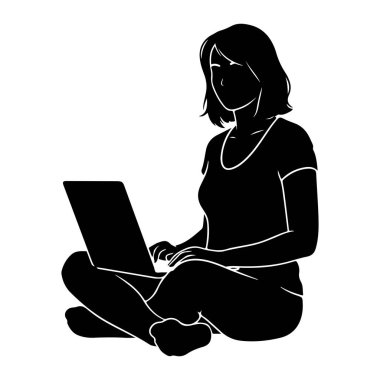 Beyaz arka planda bacak bacak üstüne atmış bir kadının siyah silueti. O aşağıya bakıyor ve kucağına yerleştirilmiş açık bir dizüstü bilgisayarda daktilo yazıyor. Resim basit ve temiz, beyaz çizgiler figürün ve dizüstü bilgisayarın kenarlarını tanımlıyor..