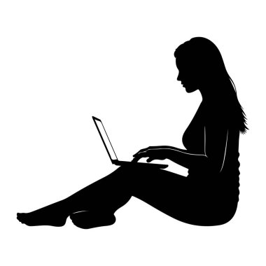 Beyaz arka planda bağdaş kurup dizüstü bilgisayarda yazan bir kadının siyah silueti. Profili görünüyor. Sırtından uzun saçlar süzülüyor. Onun çıplak ayakları ön planda görünür. Dizüstü bilgisayar açık ve aydınlatmalı.
