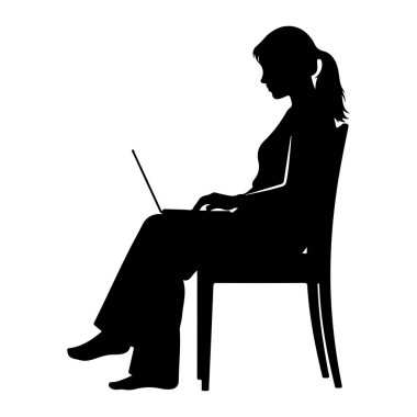 Sandalyeye oturup dizüstü bilgisayarda yazan siyah bir kadın silueti. Saçları at kuyruğu şeklinde geri çekiliyor. O, bol pantolon giyiyor. Görüntü, beyaz arkaplanda temiz ve izole bir grafiktir..