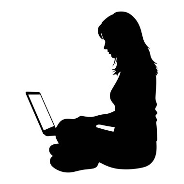 Beyaz bir arka planda bağdaş kurup dizüstü bilgisayara bakıp yazan bir kadının siyah silueti. Dizüstü bilgisayar ekranı beyazdır..