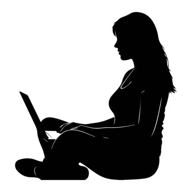 Bacak bacak üstüne atmış, dizüstü bilgisayar kullanan siyah bir kadın silueti. Dizüstü bilgisayar açık ve önünde konumlandırılmış. Görüntü beyaz arkaplan ile temiz, grafik bir illüstrasyondur.