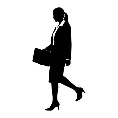 Takım elbiseli bir kadının siyah silueti yürüyor. At kuyruğu var ve bir evrak çantası taşıyor. O yüksek topuklu giyiyor. Resim beyaz bir arkaplanda izole edilmiştir.