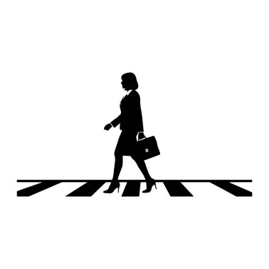 Siyah bir siluet takım elbiseli ve yüksek topuklu bir kadın siyah ve beyaz çizgili yaya geçidinde yürüyor. O, sağ elinde bir evrak çantası taşıyor. Arkaplan düz beyaz.