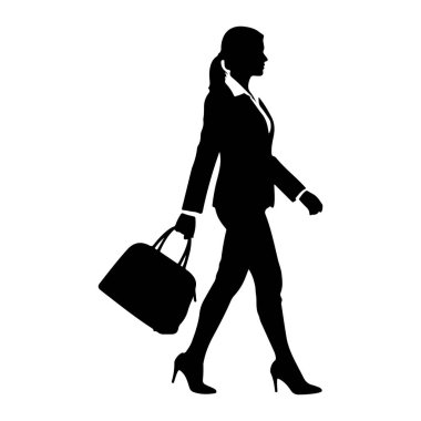 Profilde bir kadının siyah silueti beyaz arka planda soldan sağa doğru yürürken resmedilir. O bir takım elbise ceket, yakalı gömlek ve yüksek topuklu ayakkabı giyiyor. Sol elinde, sapı olan dikdörtgen bir çanta taşıyor. Saçları...
